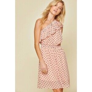 Andree By Unit Peach Black Polk Dot One Shoulder Ruffle Mini Dress Large NWT’s